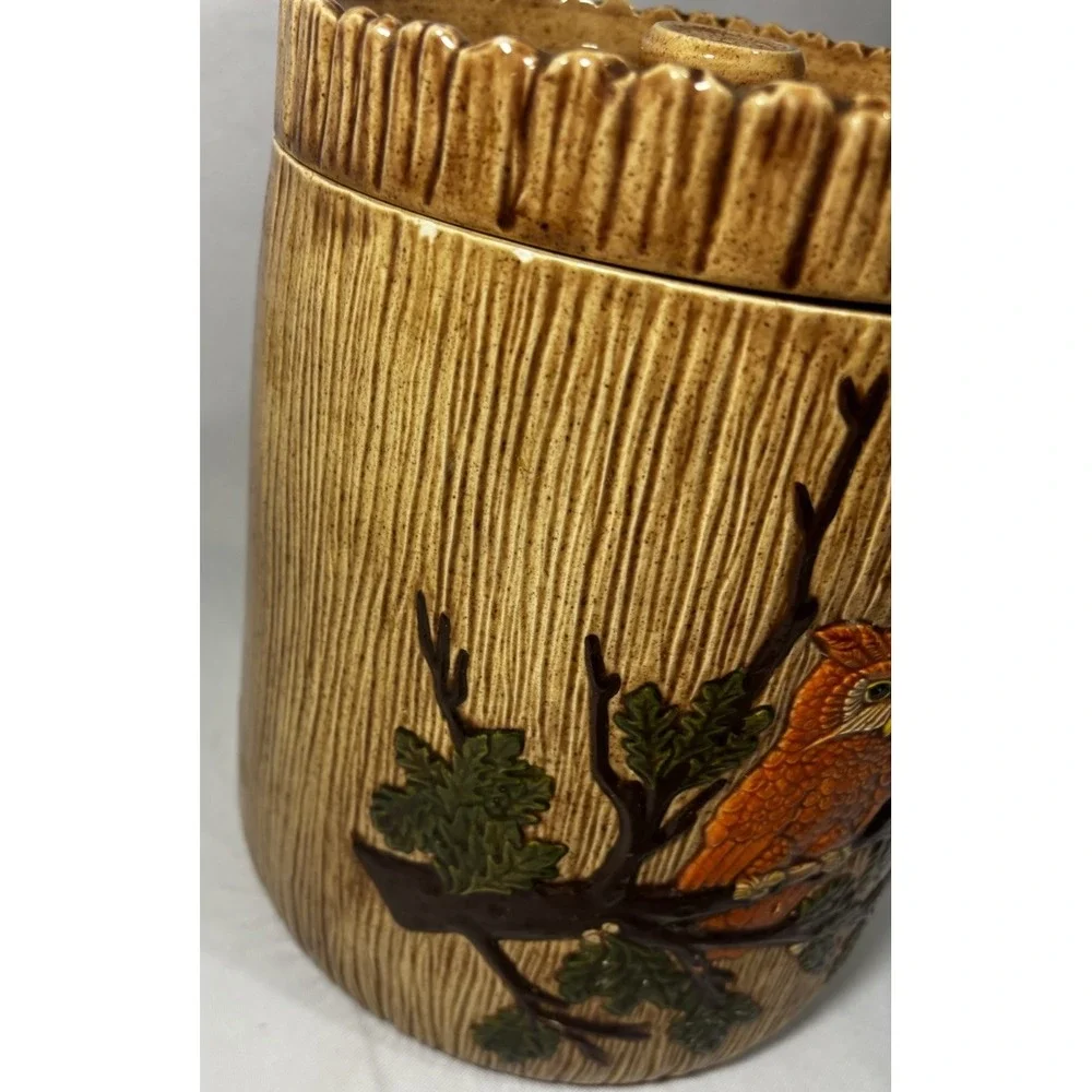 🦉Vintage Owl Ceramic Canister Brown Wood Grain ‎ 8.5